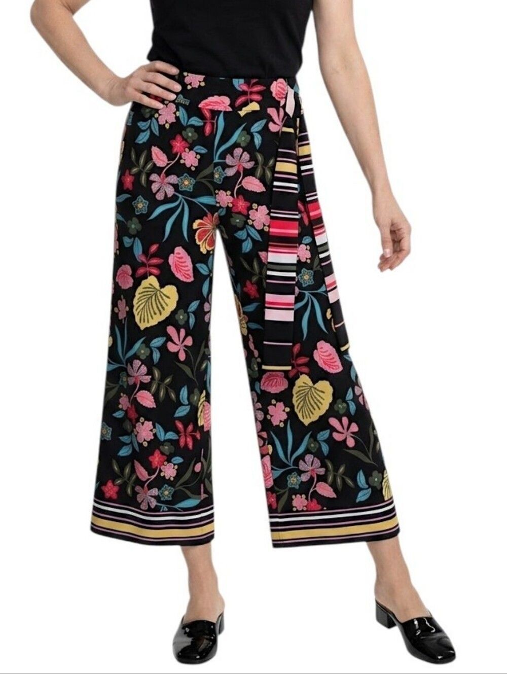 New York & Company Black And Bright Floral Tie Waist Wide Leg Pants Size M NWOT
